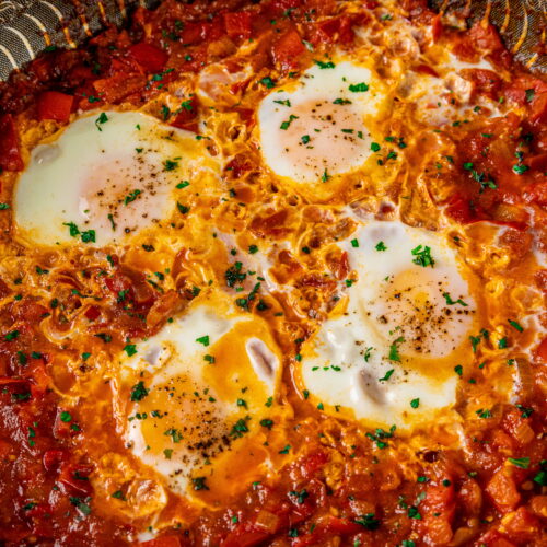 Spicy shakshuka with eggs in tomato sauce